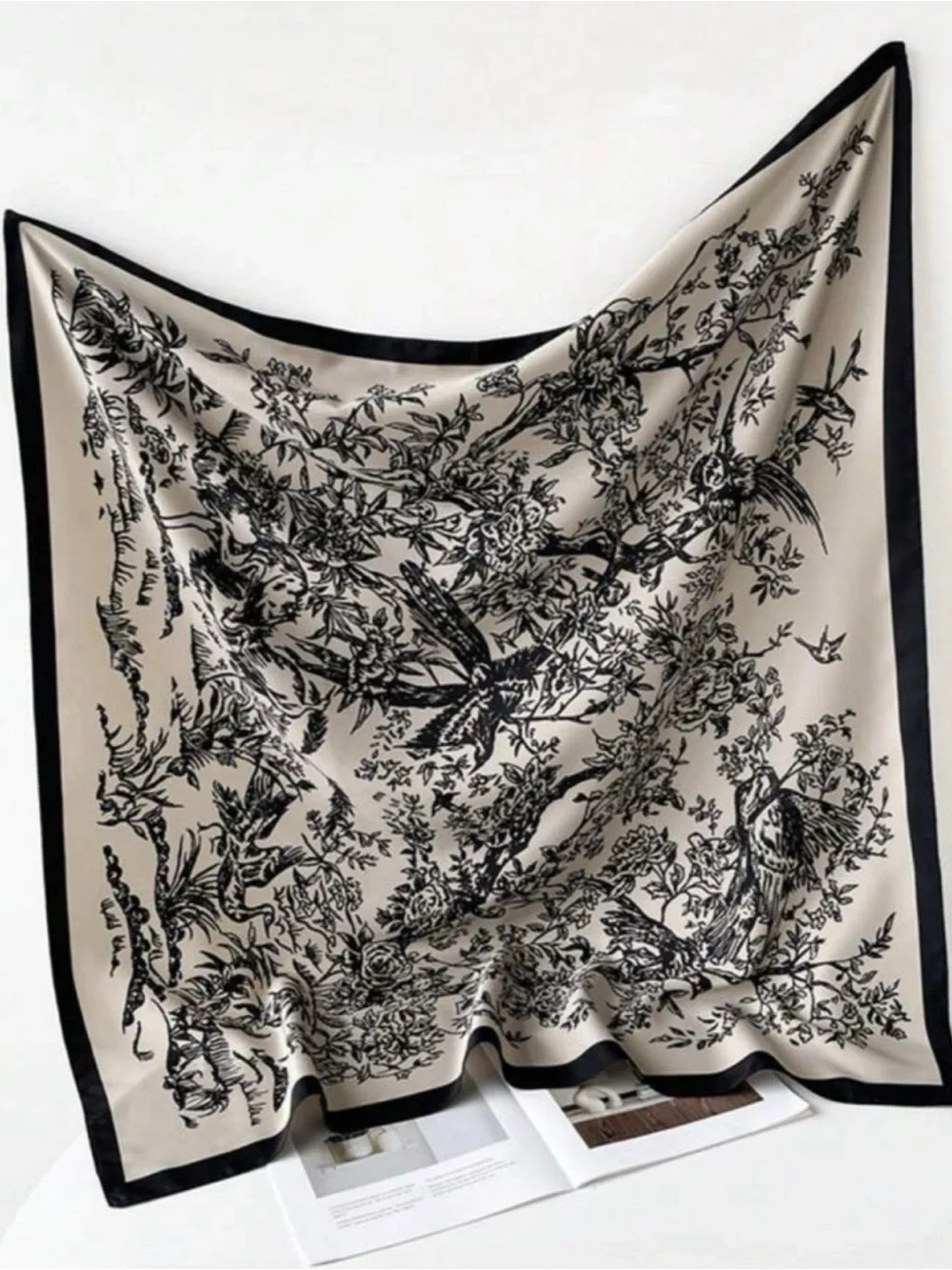 Luxe vintage inspired black + cream floral bird print wild rag neck scarf, new!